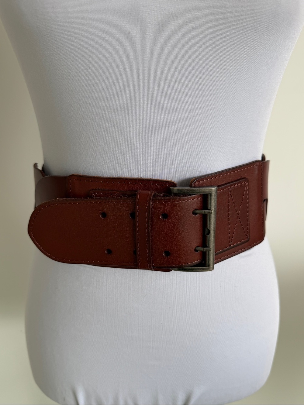 BELT Wide Leather Braid Double Prong Rectangle Buckle Elastic Back Boho Western